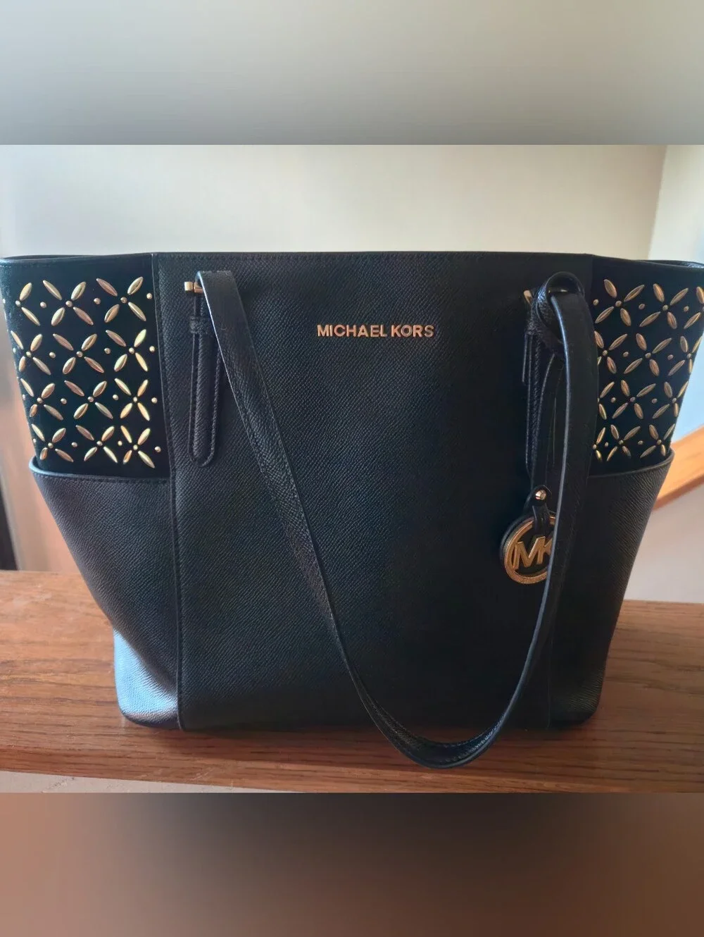 MICHAEL KORS Black Leather Tote with Gold MK Charm EUC